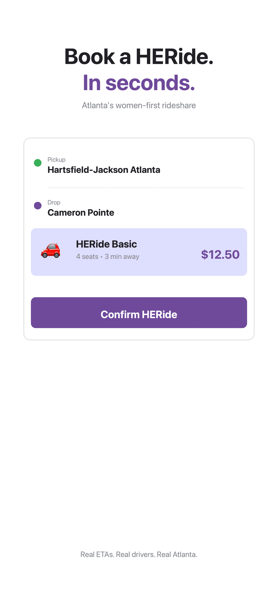 HERide app — book a ride from Hartsfield-Jackson to Cameron Pointe, $12.50 fare.